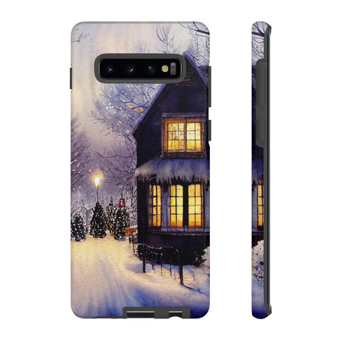 Glowing Homes in the Snow with Christmas Decorations - Impact Resistant Phone Case Samsung Galaxy S10 Plus Glossy
